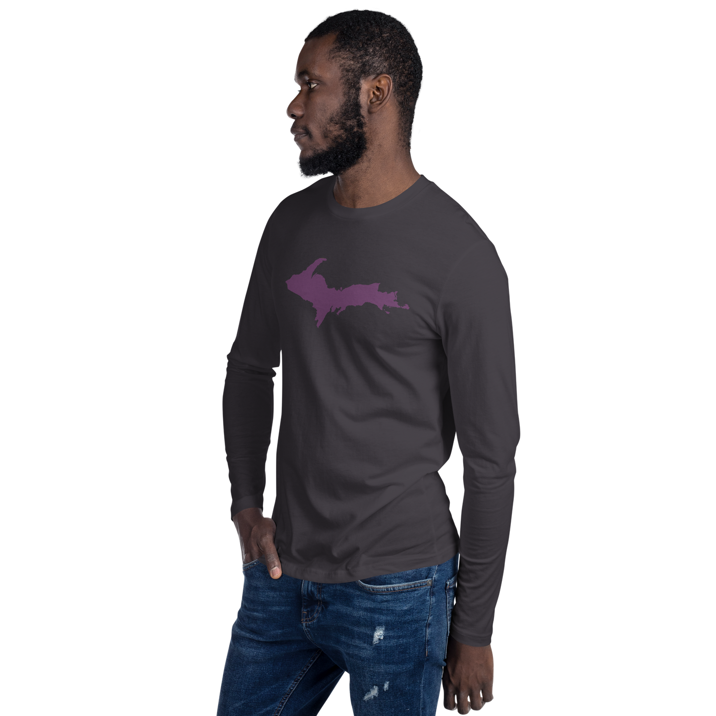 Michigan Upper Peninsula Long Sleeve T-Shirt (w/ Plum UP Outline) | Men's Fitted