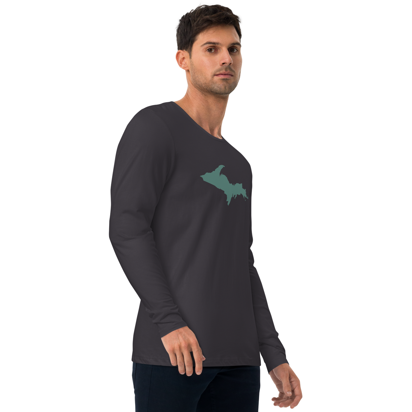 Michigan Upper Peninsula Fitted T-Shirt (w/ Copper Green UP Outline) | Men's Long Sleeve