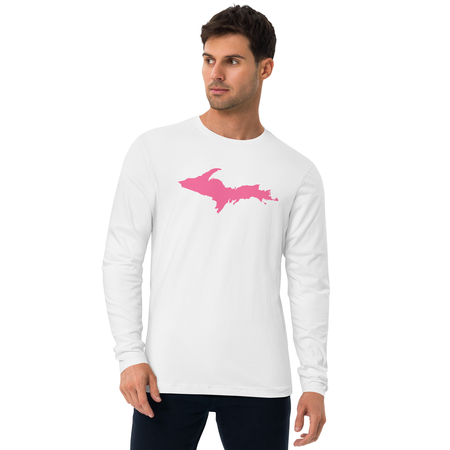 Michigan Upper Peninsula Fitted T-Shirt (w/ Pink UP Outline) | Men's Long Sleeve