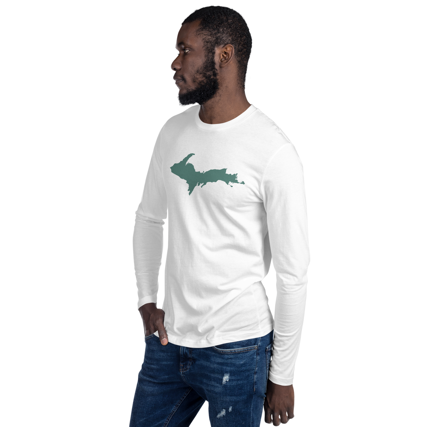 Michigan Upper Peninsula Fitted T-Shirt (w/ Copper Green UP Outline) | Men's Long Sleeve