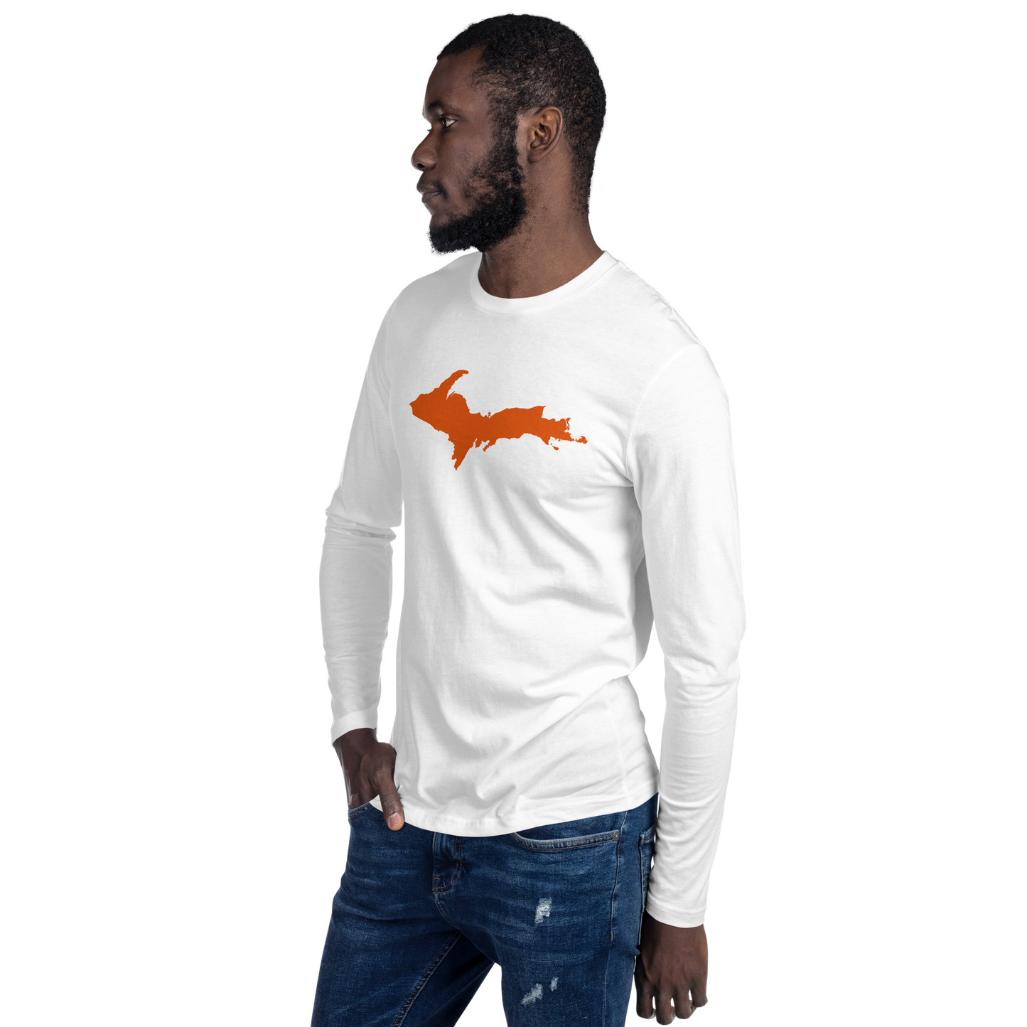 Michigan Upper Peninsula Fitted T-Shirt (w/ Orange UP Outline) | Men's Long Sleeve