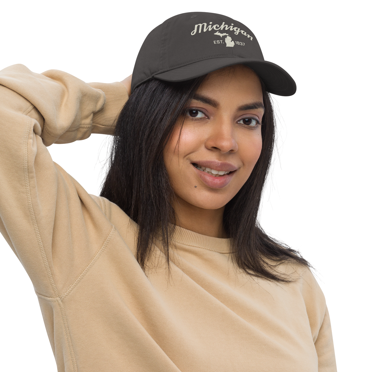 'Michigan EST. 1837' Classic Baseball Cap (Script Font) | Ivory White