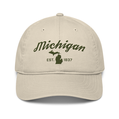 'Michigan EST. 1837' Classic Baseball Cap (Script Font) | Army Green