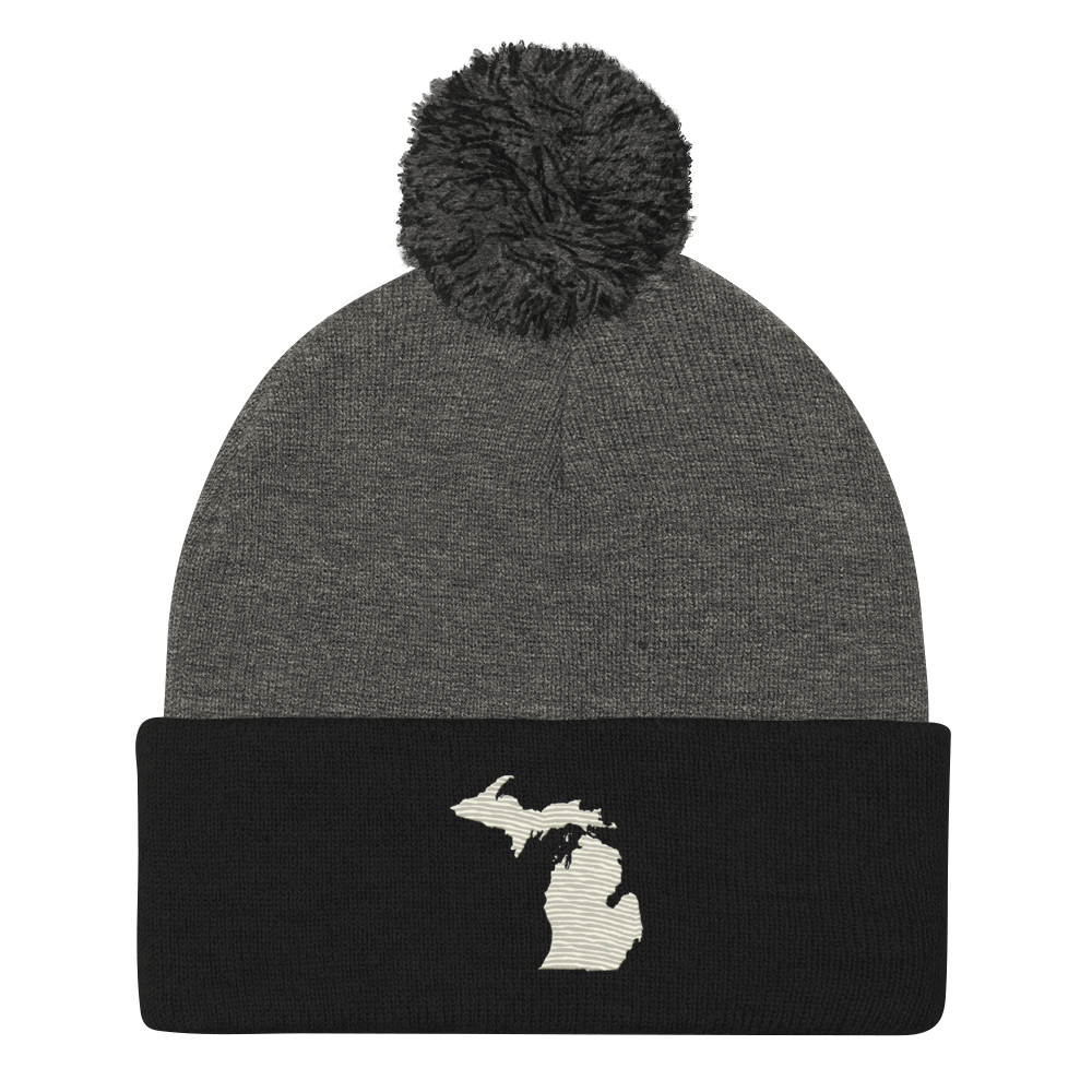 Michigan Pom-Pom Beanie | Ivory White Outline