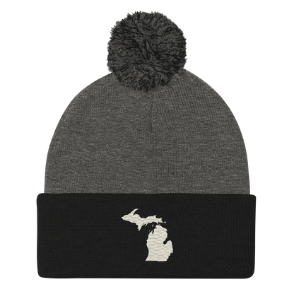 Michigan Pom-Pom Beanie | Ivory White Outline