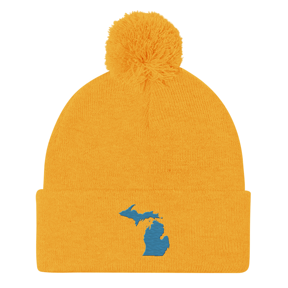 Michigan Pom-Pom Beanie | Traverse Blue Outline