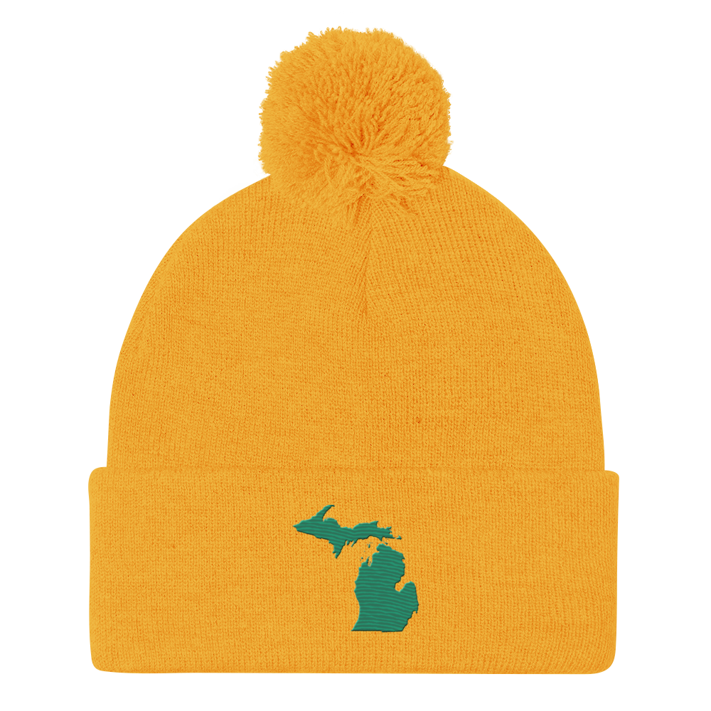 Michigan Pom-Pom Beanie | Emerald Green Outline