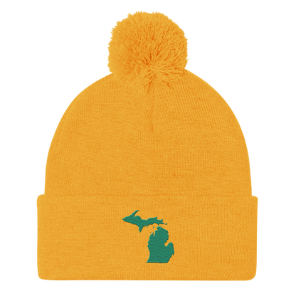 Michigan Pom-Pom Beanie | Emerald Green Outline