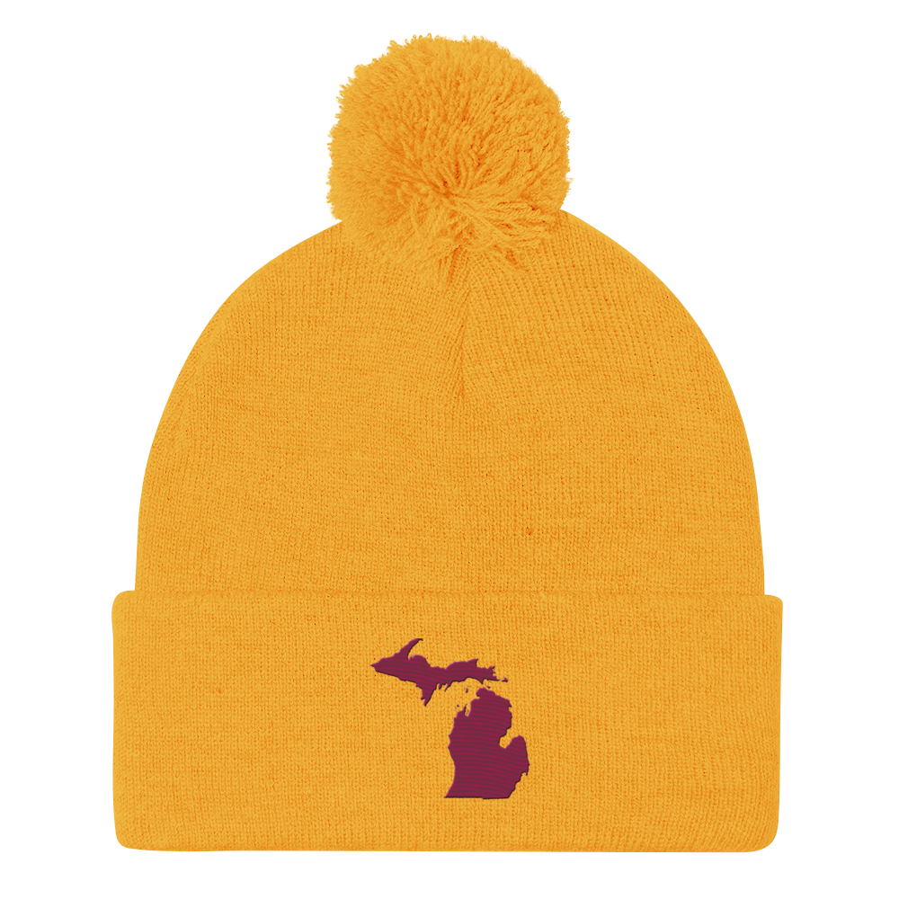 Michigan Pom-Pom Beanie | Ruby Red Outline