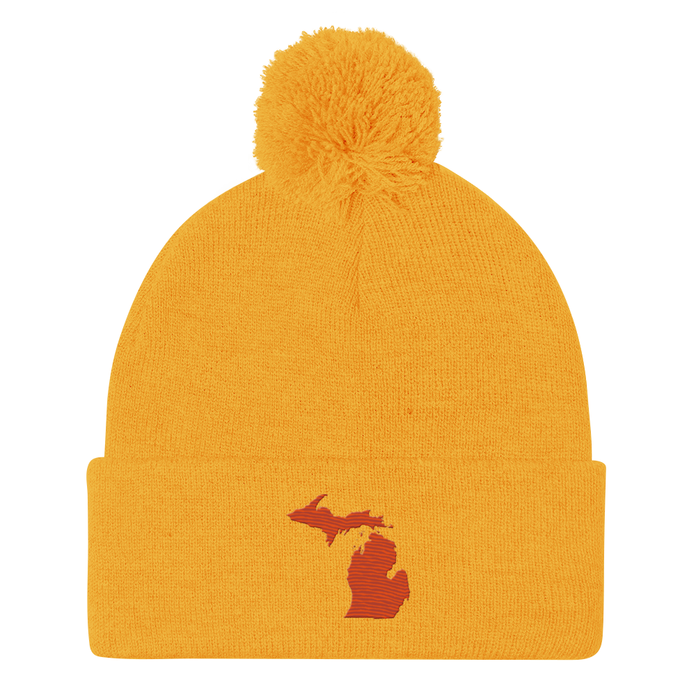 Michigan Pom-Pom Beanie | Maple Leaf Orange Outline