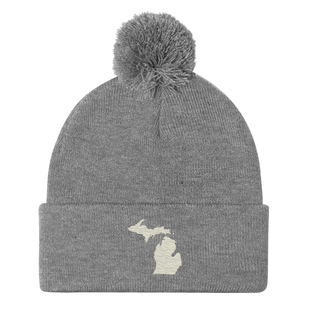 Michigan Pom-Pom Beanie | Ivory White Outline