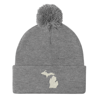 Michigan Pom-Pom Beanie | Ivory White Outline