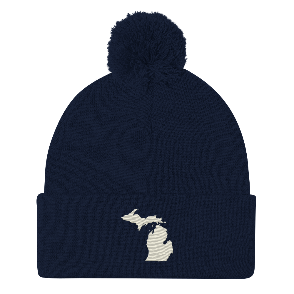 Michigan Pom-Pom Beanie | Ivory White Outline