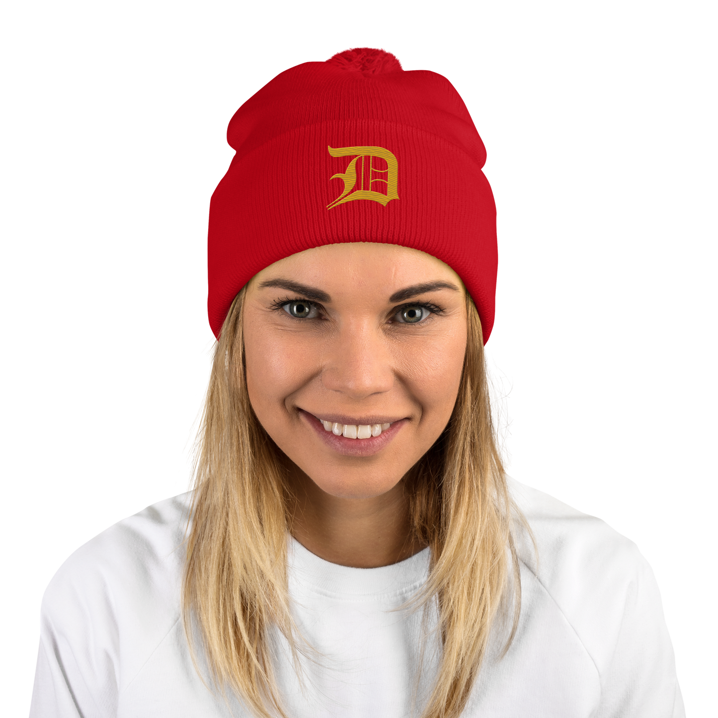 Detroit 'Old English D' Pom-Pom Beanie (Gold)