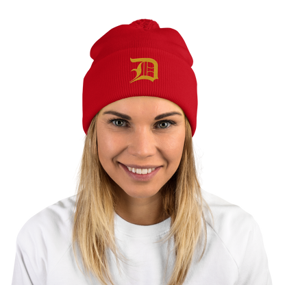 Detroit 'Old English D' Pom-Pom Beanie (Gold)