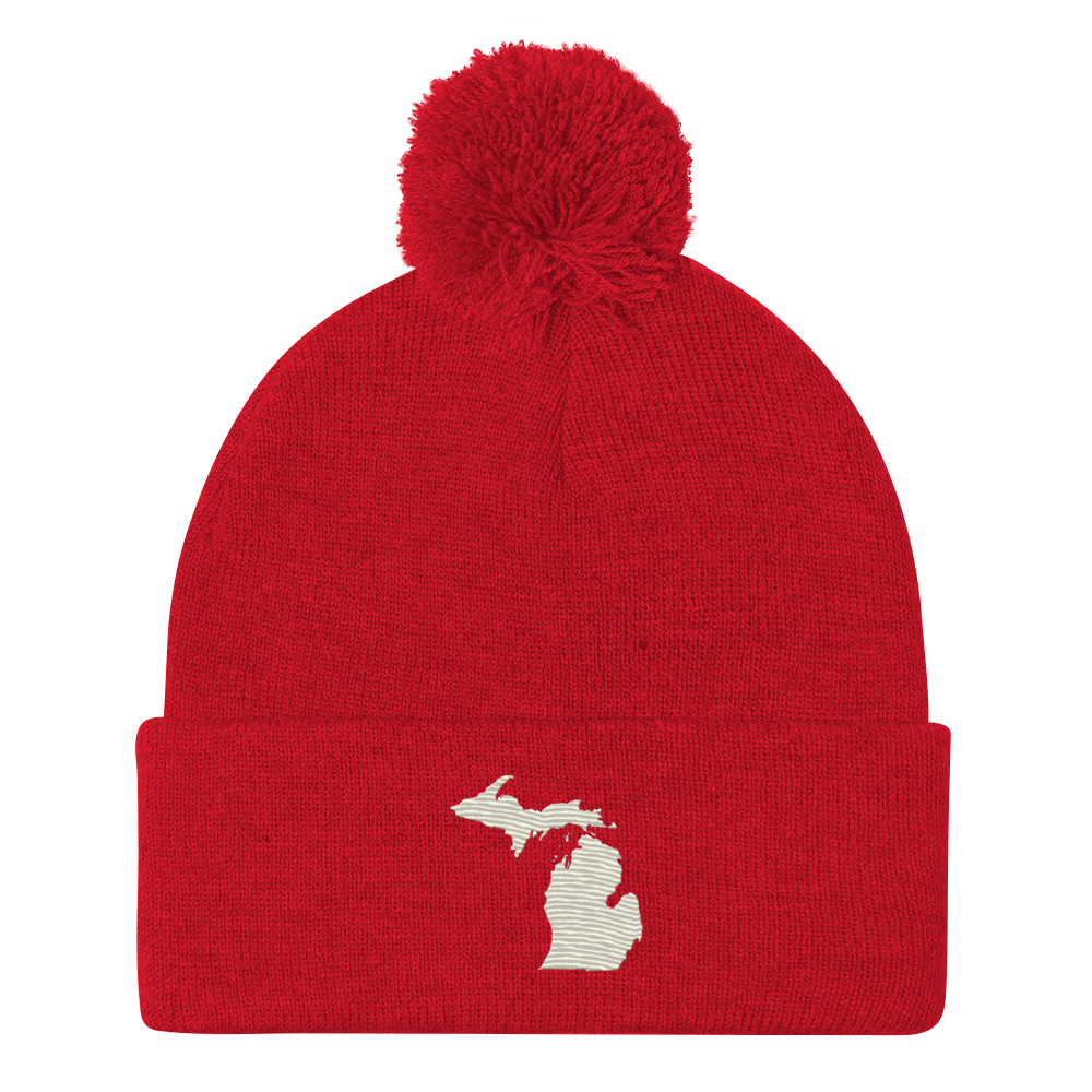 Michigan Pom-Pom Beanie | Ivory White Outline