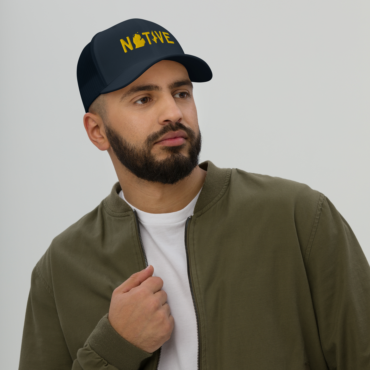 Michigan 'Native' Trucker Hat (Licence Plate Font) | Gold Embroidery