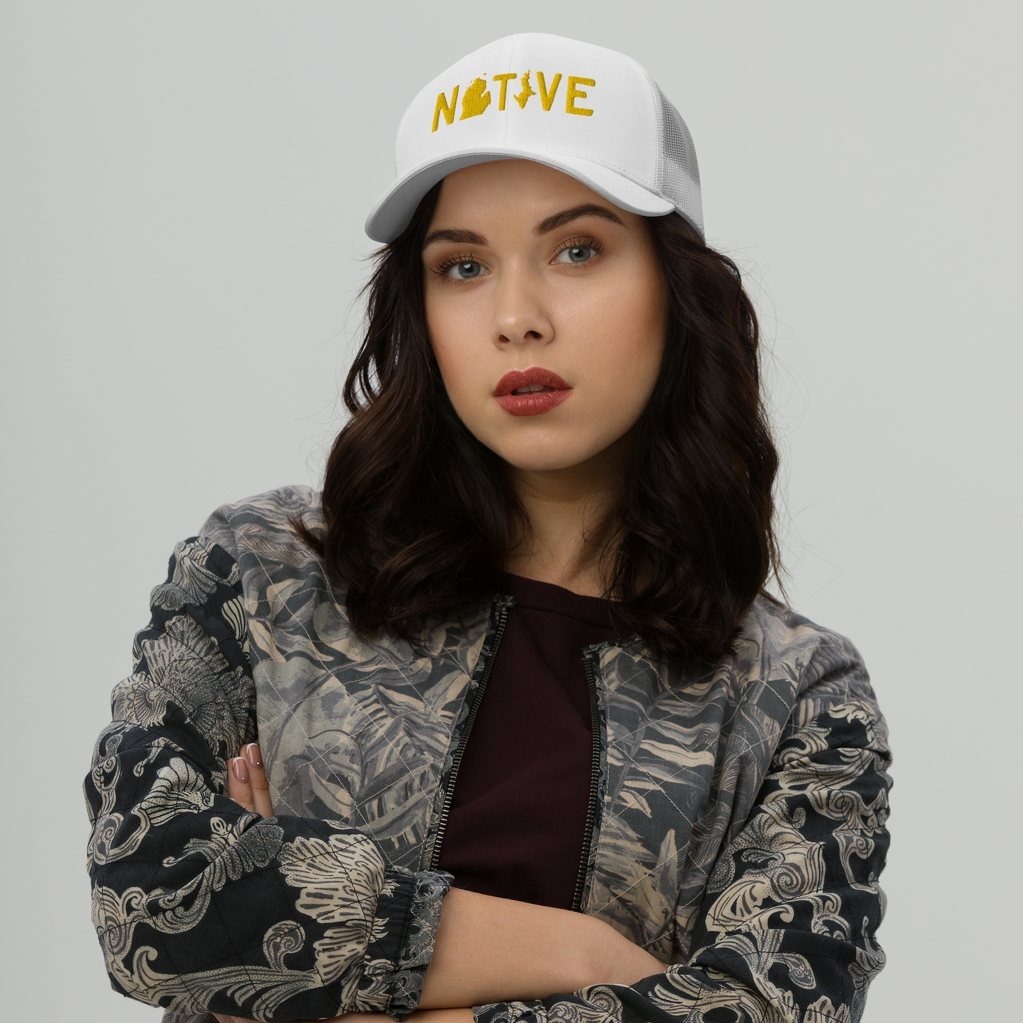 Michigan 'Native' Trucker Hat (Licence Plate Font) | Gold Embroidery