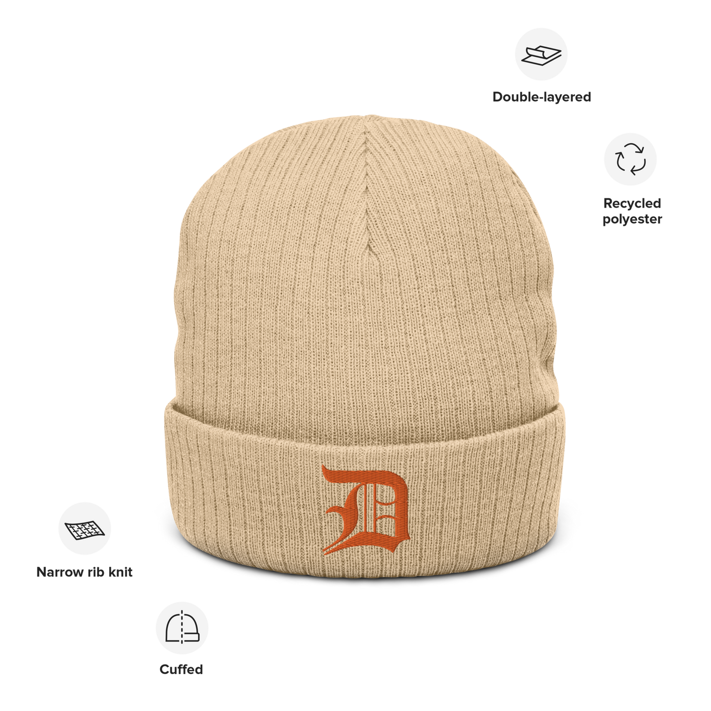 Detroit 'Old English D' Ribbed Beanie (Orange)