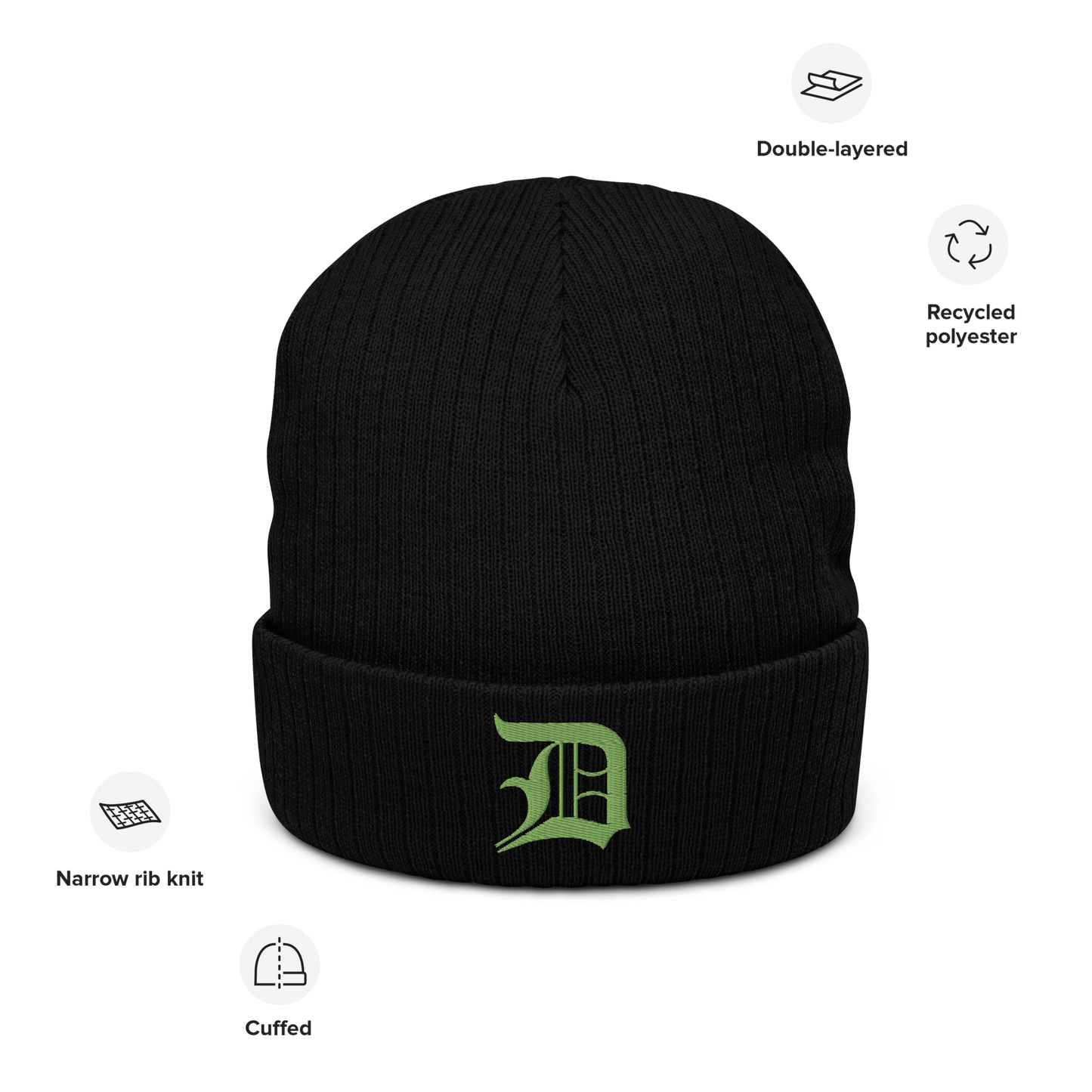 Detroit 'Old English D' Ribbed Beanie (Green)