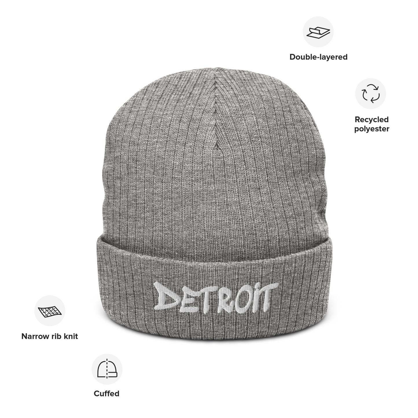 'Detroit' Ribbed Beanie (Tag Font)