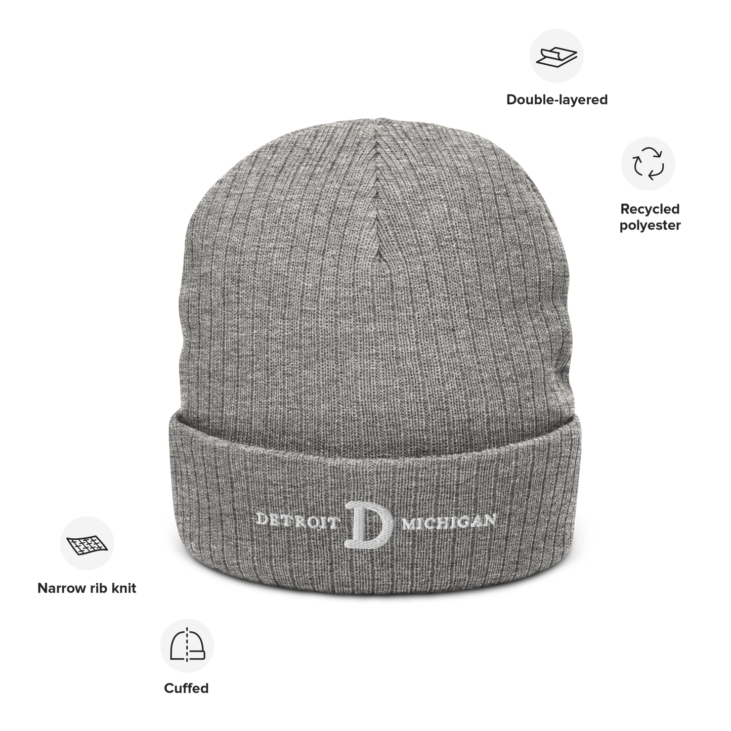 'Detroit Michigan' Ribbed Beanie (w/ Old French D)