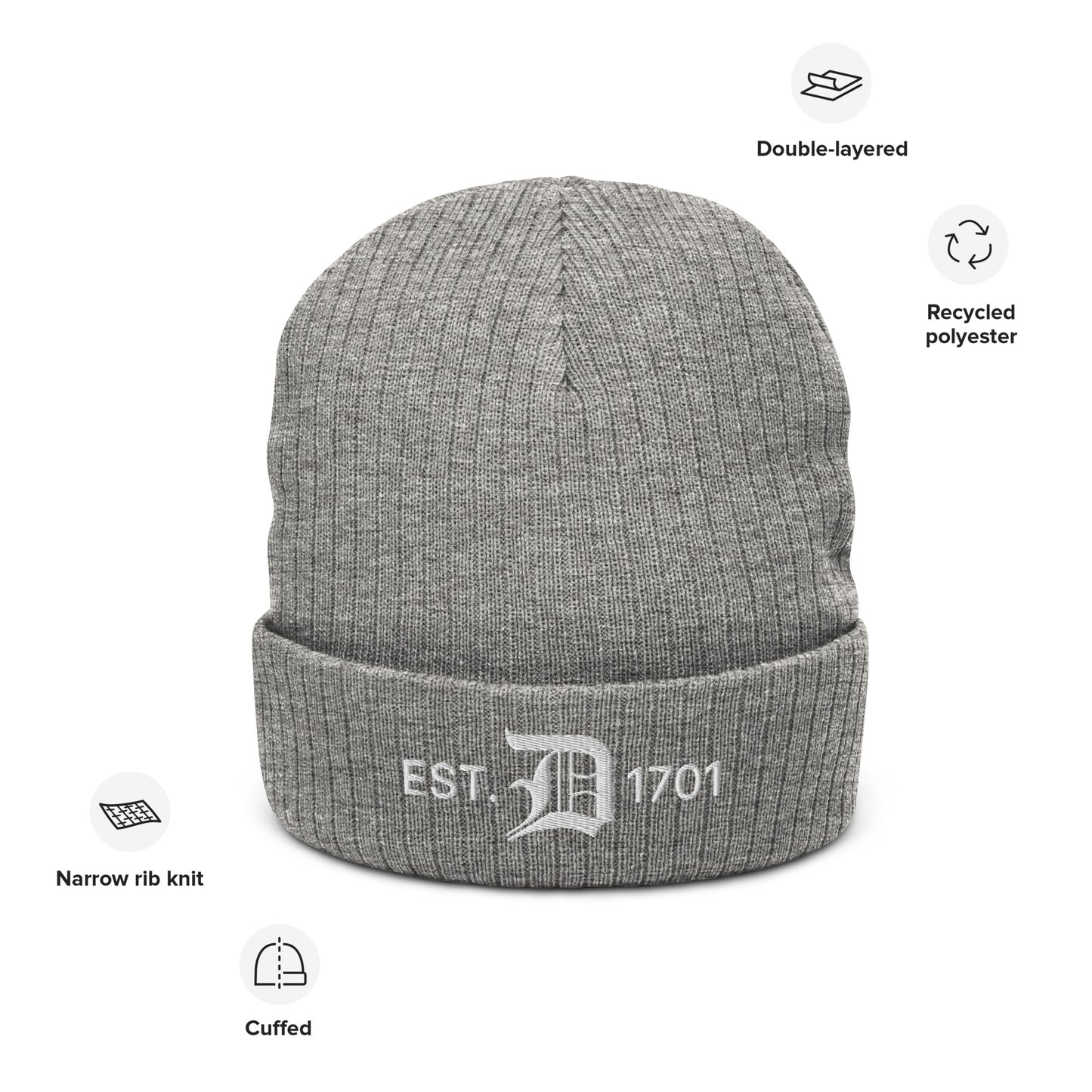 Detroit 'EST. 1701' Ribbed Beanie (w/ Old English 'D')