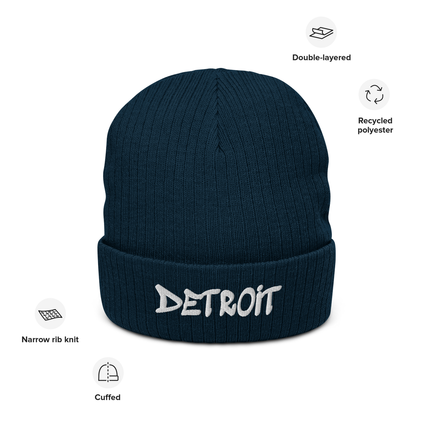 'Detroit' Ribbed Beanie (Tag Font)