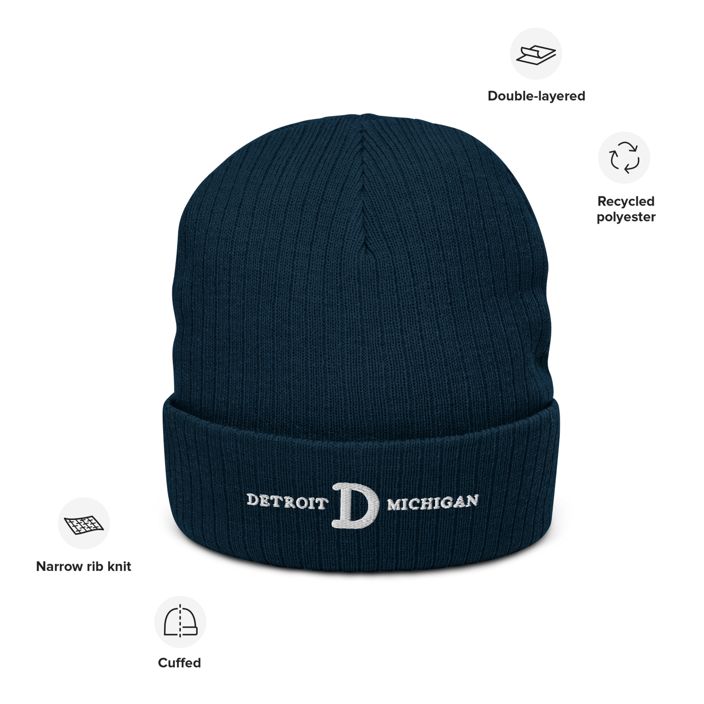 'Detroit Michigan' Ribbed Beanie (w/ Old French D)