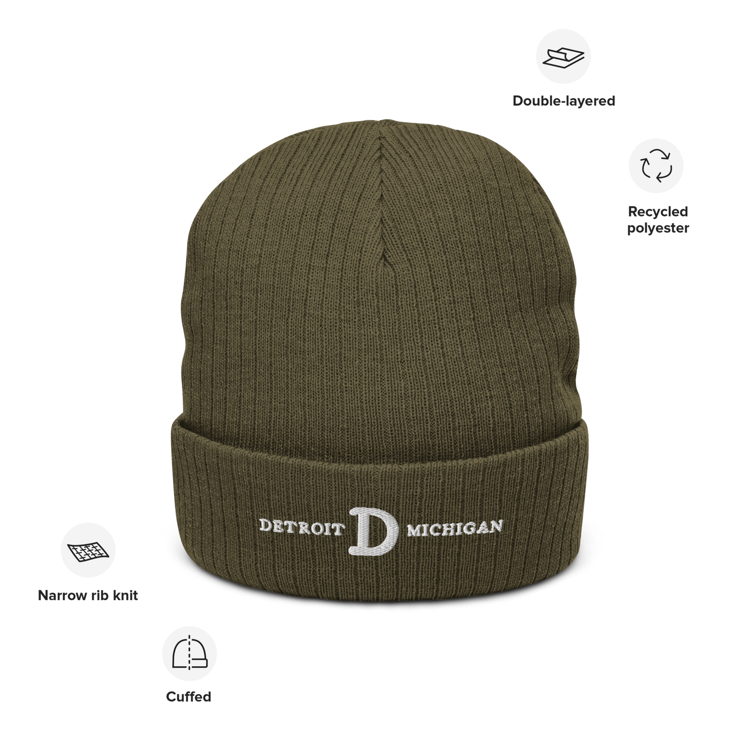 'Detroit Michigan' Ribbed Beanie (w/ Old French D)