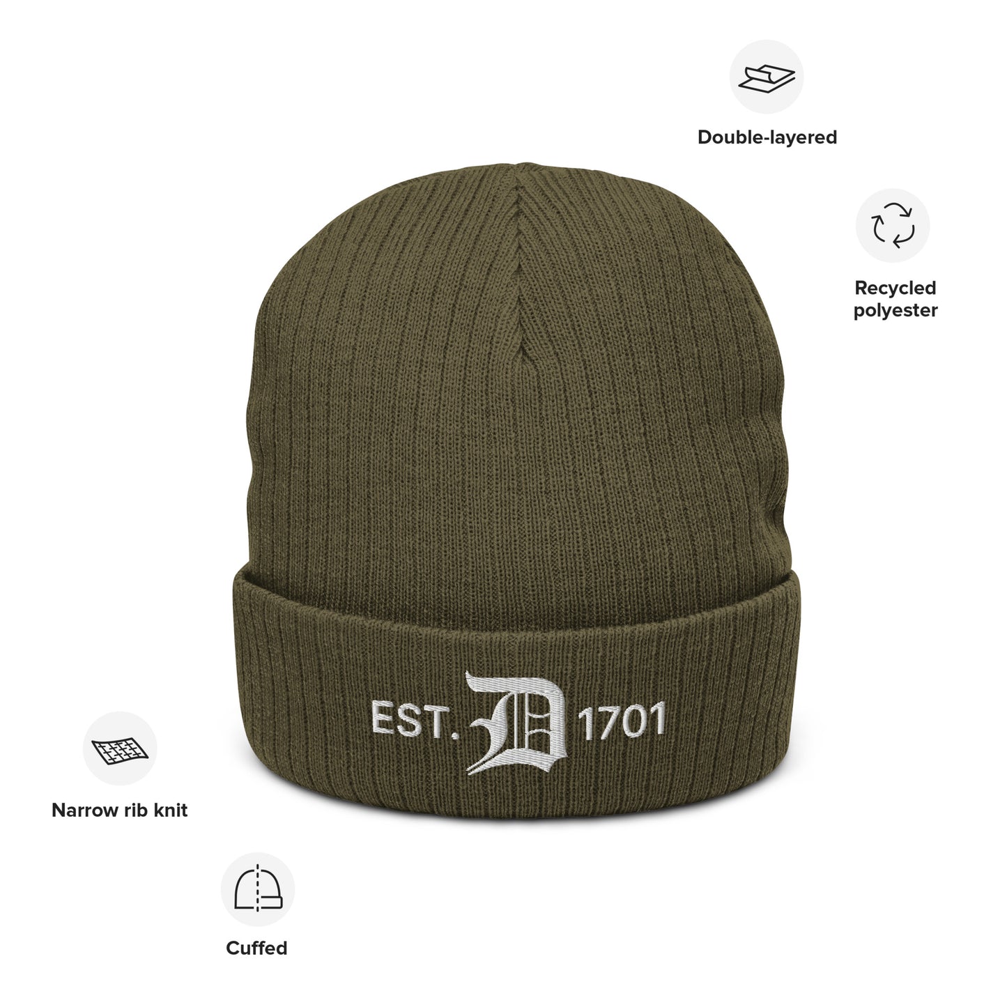 Detroit 'EST. 1701' Ribbed Beanie (w/ Old English 'D')