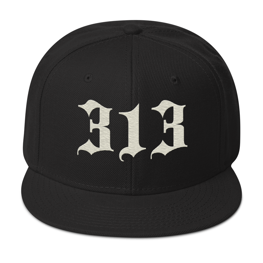 Detroit '313' Snapback (Old English Font) | 6-Panel - Ivory White