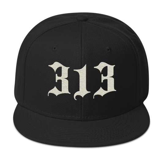 Detroit '313' Snapback (Old English Font) | 6-Panel - Ivory White