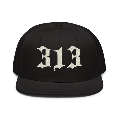 Detroit '313' Snapback (Old English Font) | 6-Panel - Ivory White