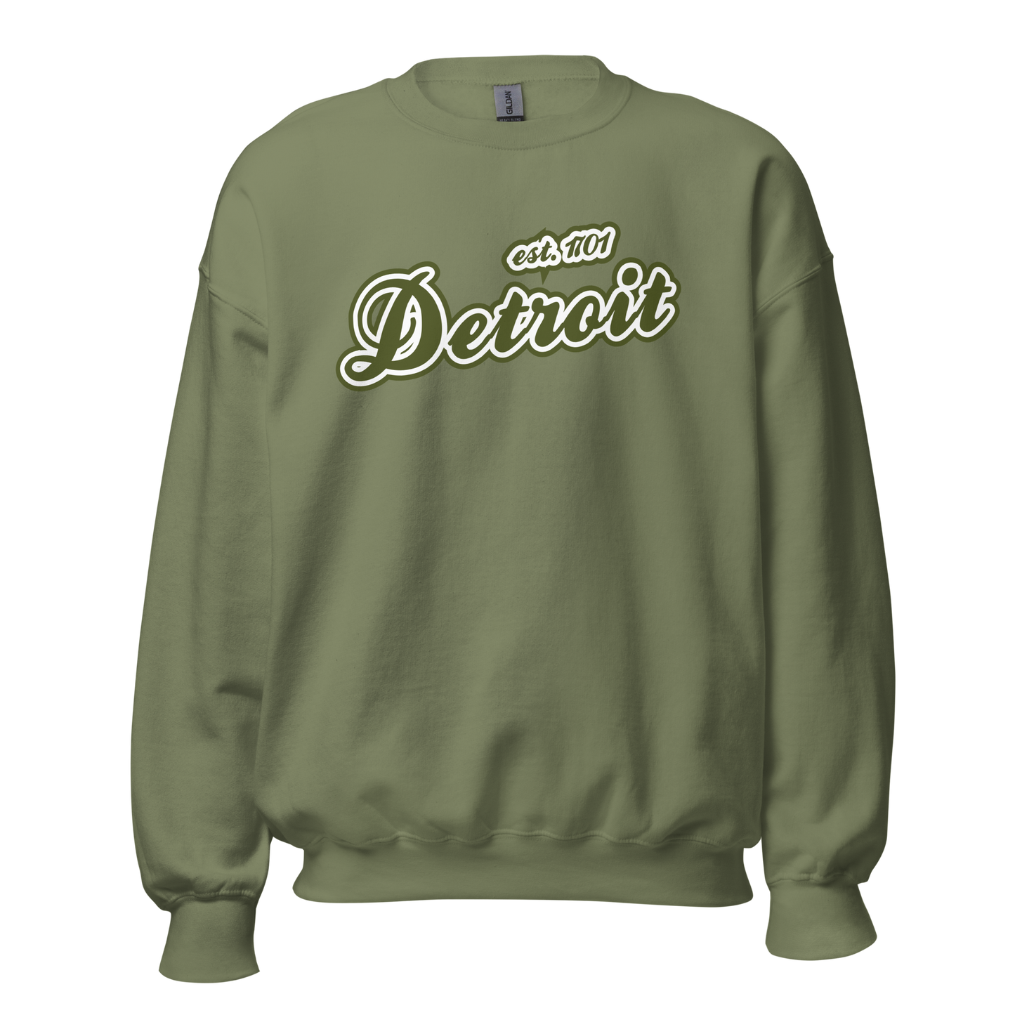 'Detroit 1701' Sweatshirt (Army Green Font) | Unisex Standard