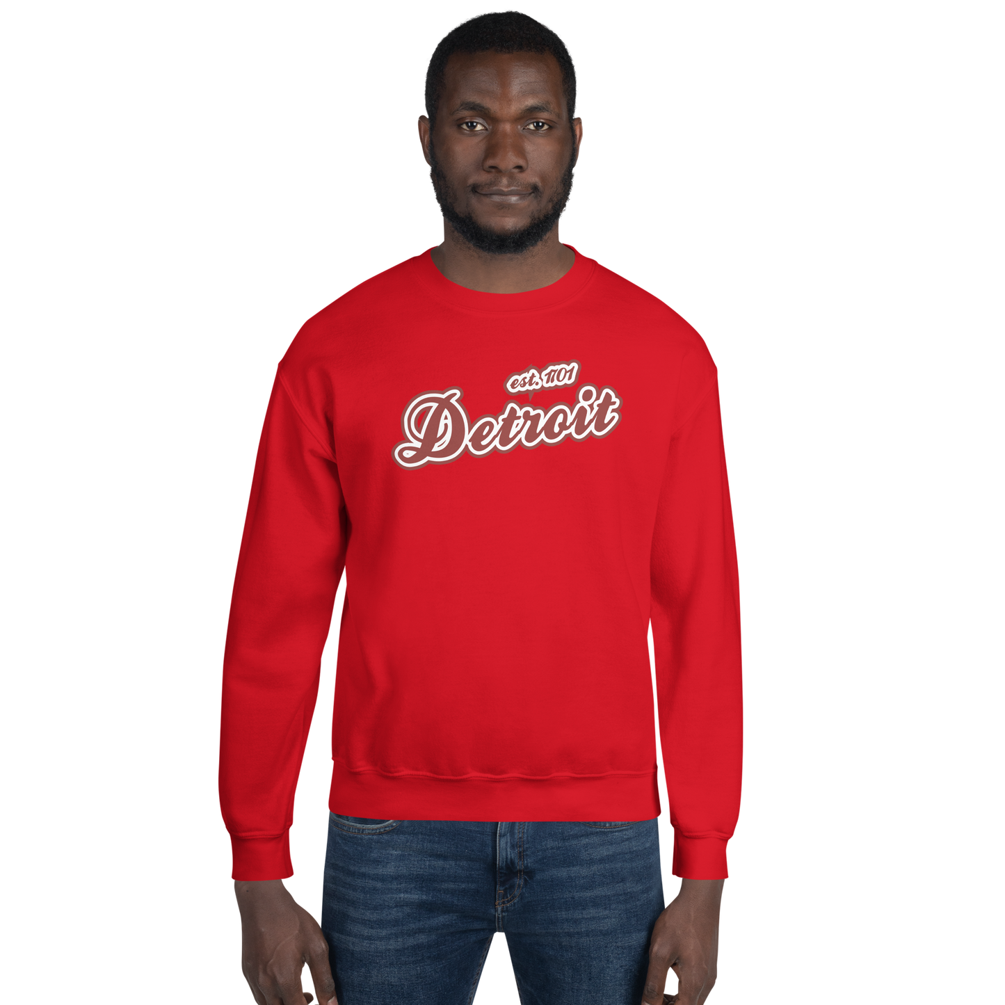 'Detroit 1701' Sweatshirt (Iron Ore Red Script Font) | Unisex Standard