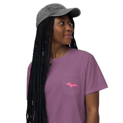 Michigan Upper Peninsula Pocket T-Shirt (w/ Pink UP Outline | Garment Dyed