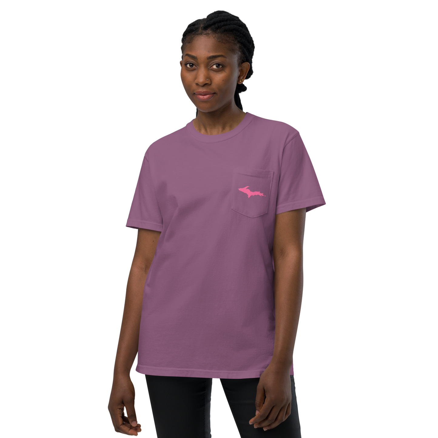 Michigan Upper Peninsula Pocket T-Shirt (w/ Pink UP Outline | Garment Dyed