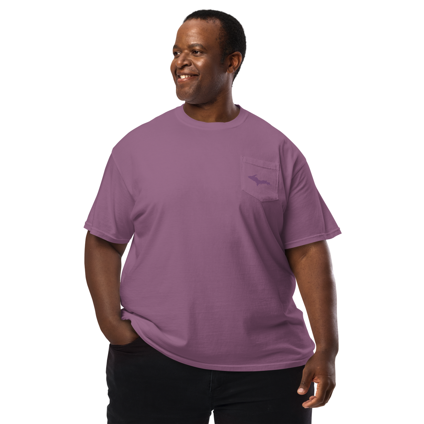 Michigan Upper Peninsula Pocket T-Shirt (w/ Plum UP Outline) | Garment Dyed