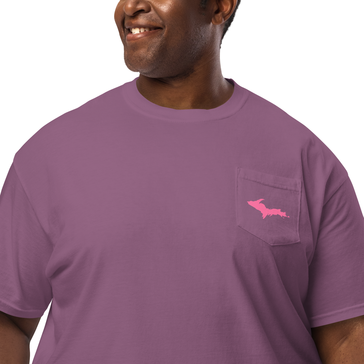 Michigan Upper Peninsula Pocket T-Shirt (w/ Pink UP Outline | Garment Dyed