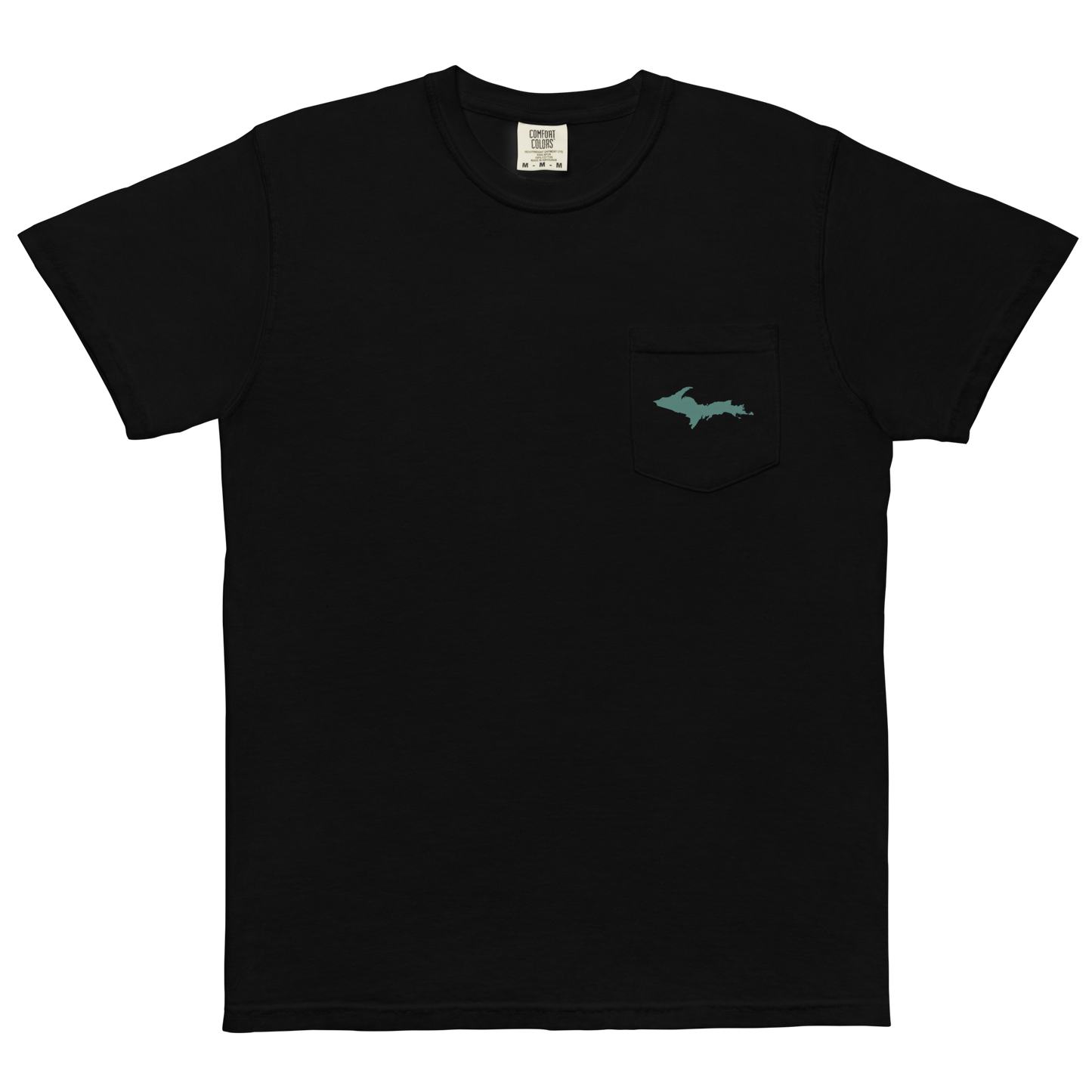 Michigan Upper Peninsula Pocket T-Shirt (w/ Copper Green UP Outline) | Garment Dyed