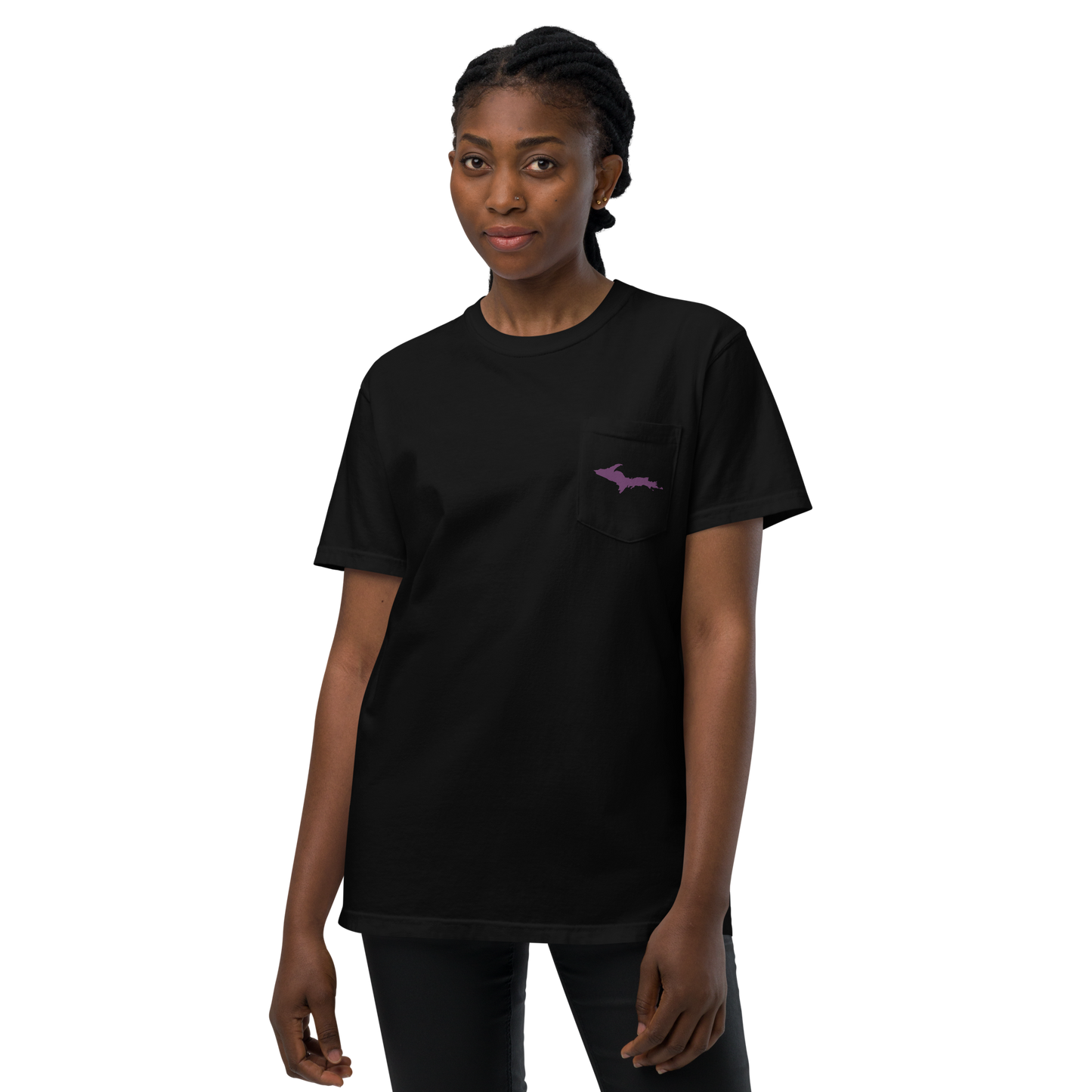 Michigan Upper Peninsula Pocket T-Shirt (w/ Plum UP Outline) | Garment Dyed