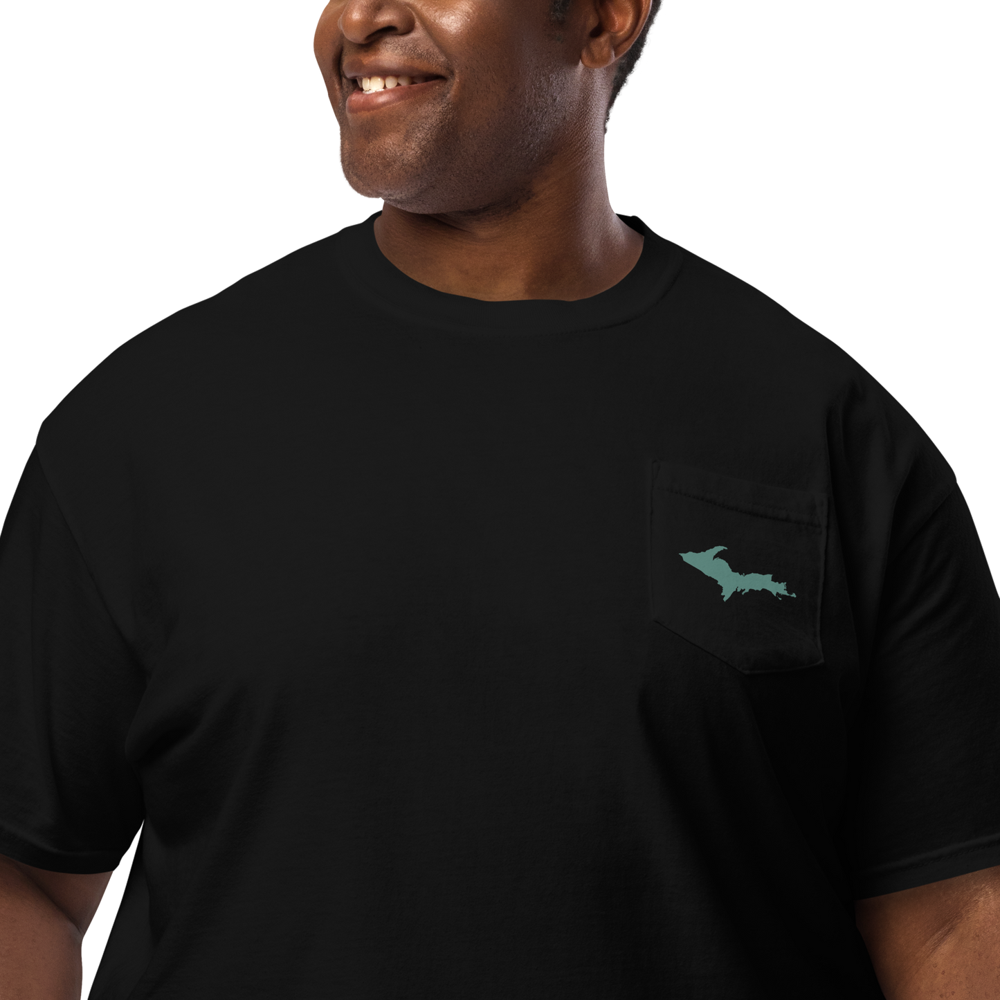 Michigan Upper Peninsula Pocket T-Shirt (w/ Copper Green UP Outline) | Garment Dyed