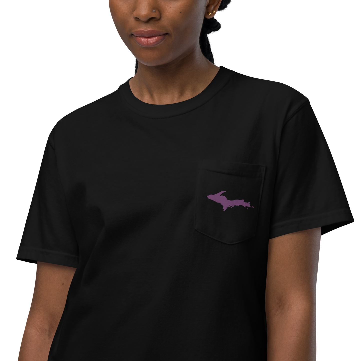 Michigan Upper Peninsula Pocket T-Shirt (w/ Plum UP Outline) | Garment Dyed