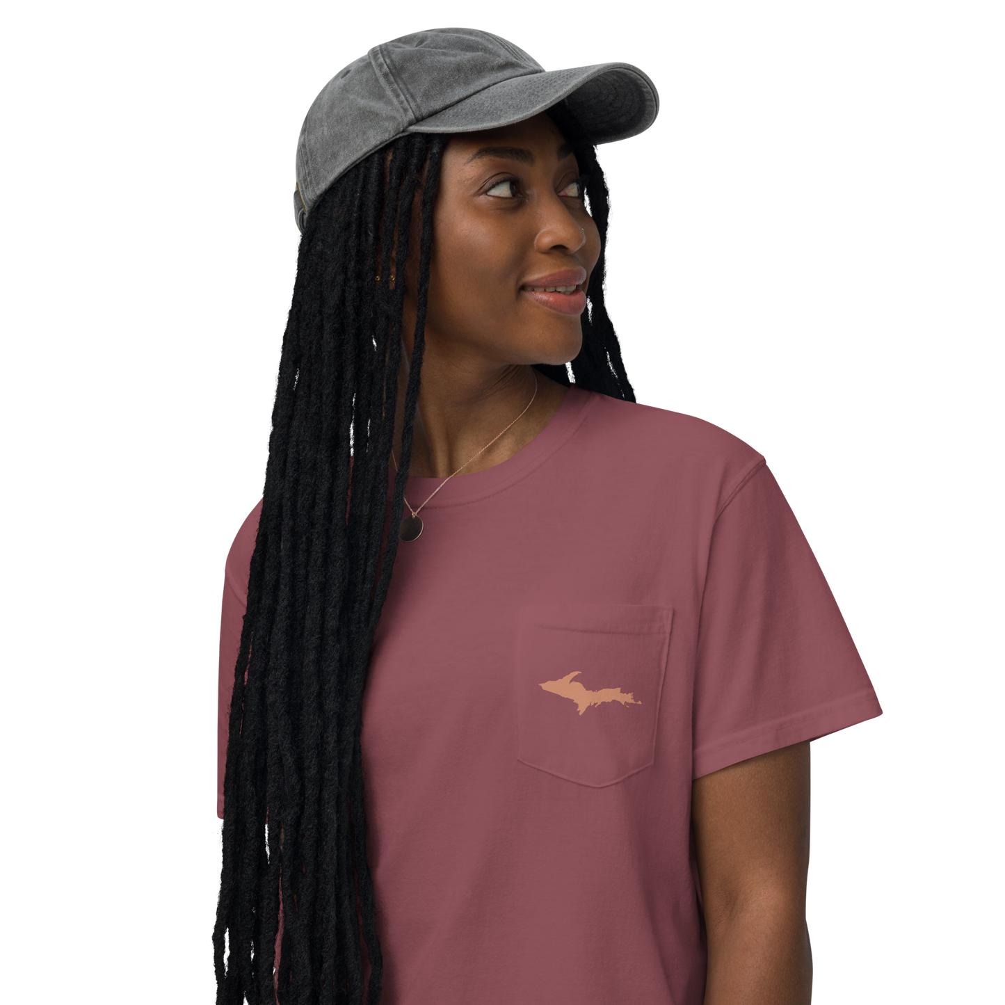 Michigan Upper Peninsula Pocket T-Shirt (w/ Copper UP Outline) | Garment Dyed