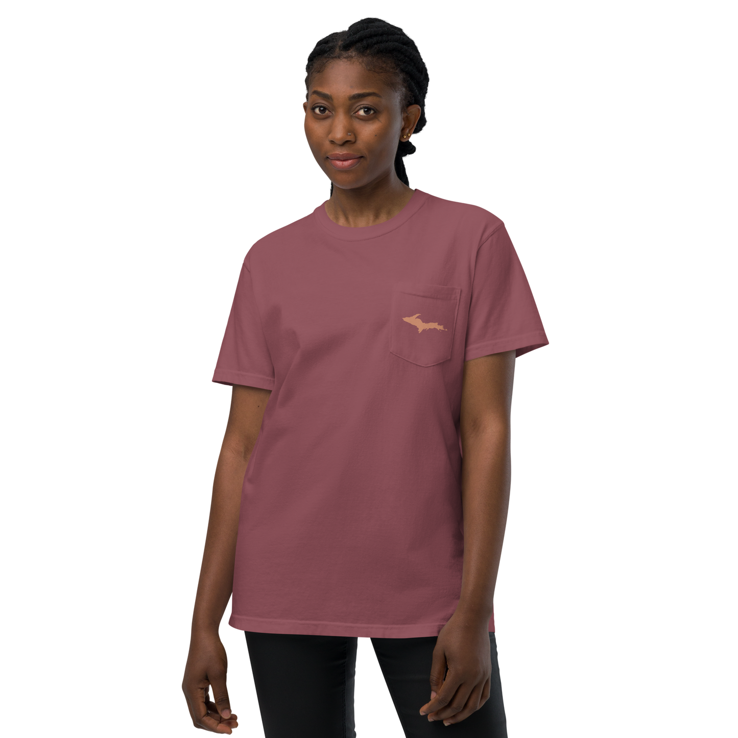 Michigan Upper Peninsula Pocket T-Shirt (w/ Copper UP Outline) | Garment Dyed