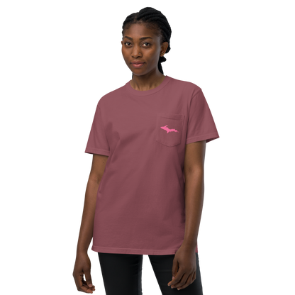 Michigan Upper Peninsula Pocket T-Shirt (w/ Pink UP Outline | Garment Dyed