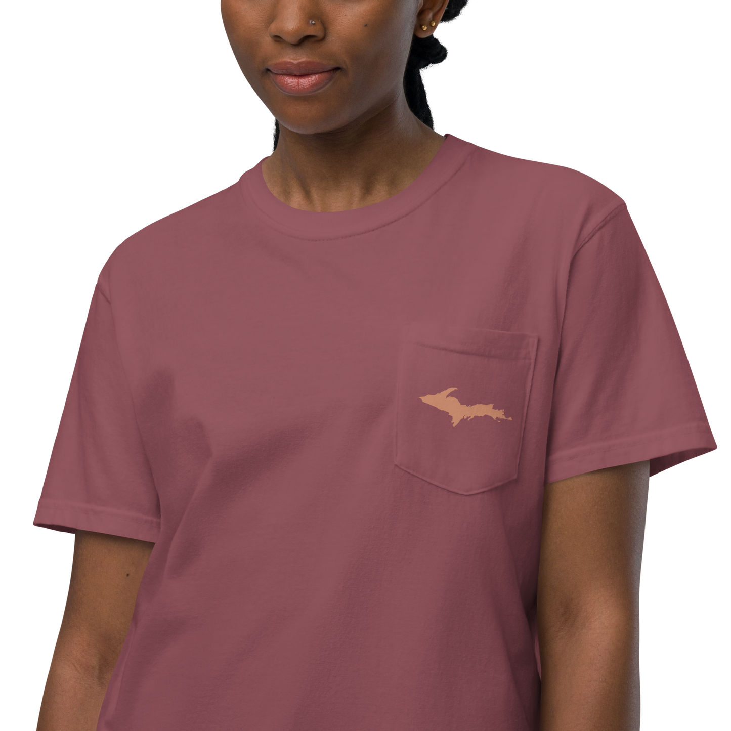 Michigan Upper Peninsula Pocket T-Shirt (w/ Copper UP Outline) | Garment Dyed