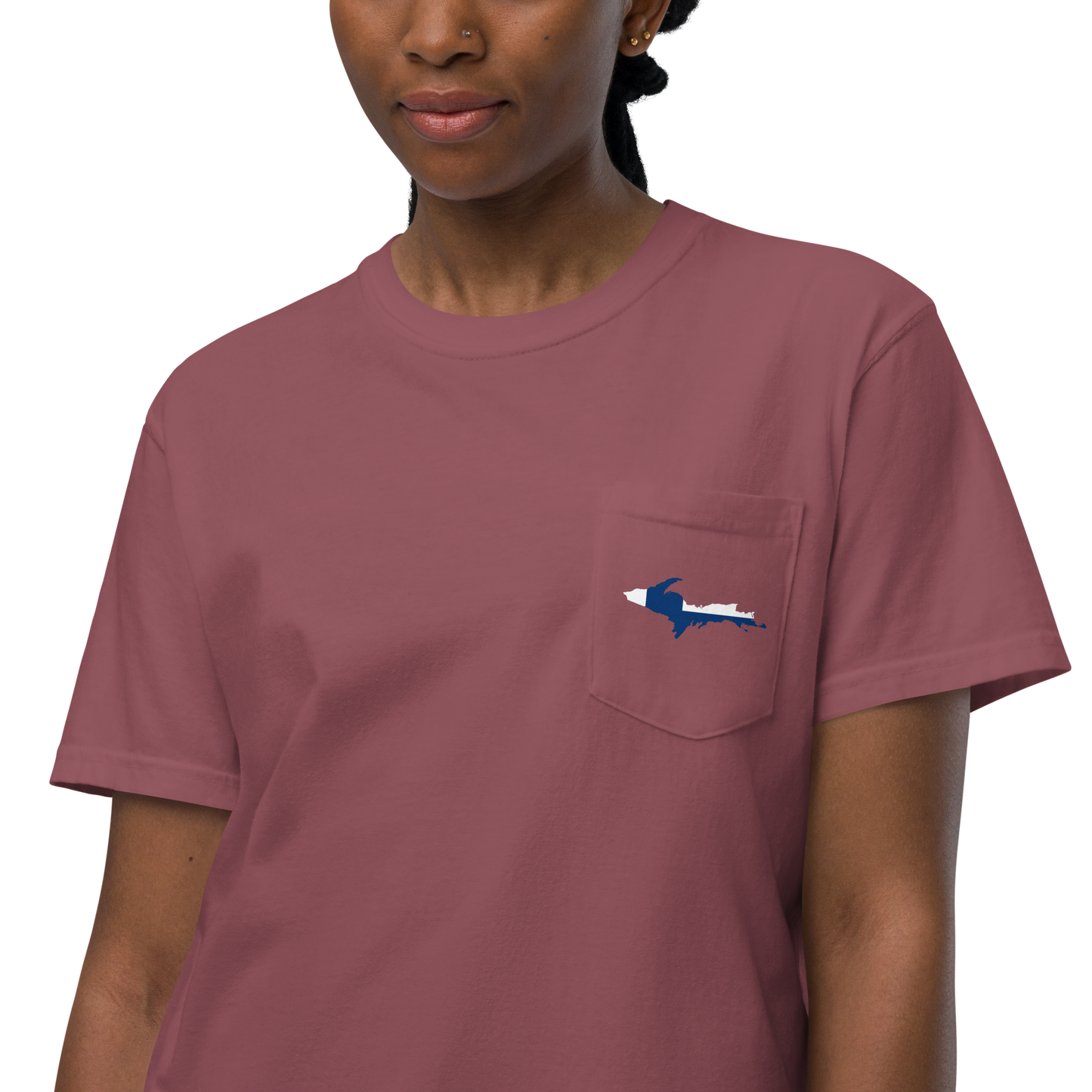 Michigan Upper Peninsula Pocket T-Shirt (w/ UP Finland Flag) | Garment Dyed