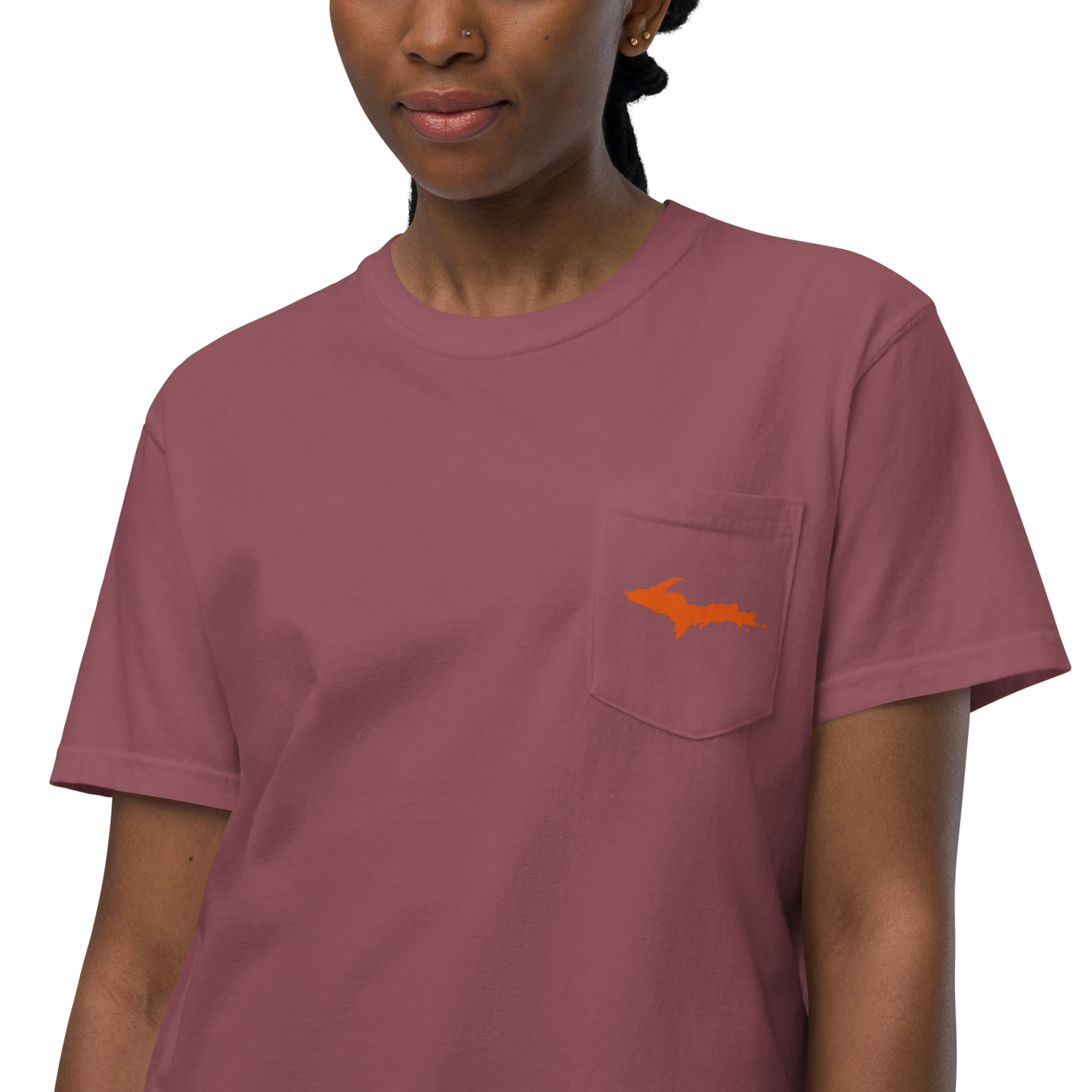 Michigan Upper Peninsula Pocket T-Shirt (w/ UP Orange Outline) | Garment Dyed